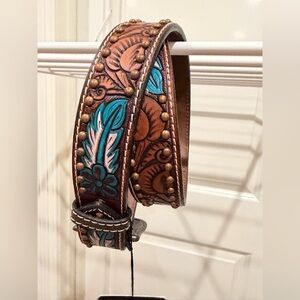 Brown and Teal Embossed Leather Belt